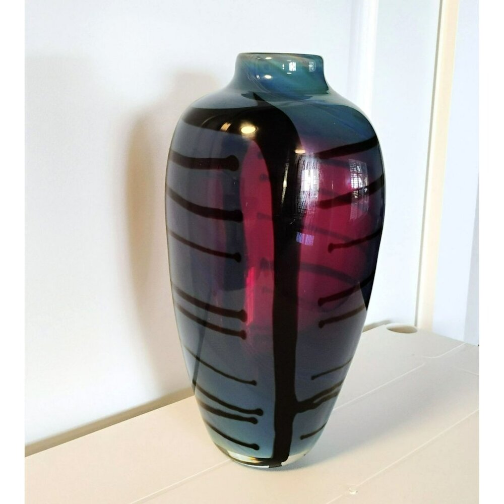 Handblown Iridescent Art Glass Vase With Abstract Design Blue & Purple Tones 12" - Picture 4 of 16